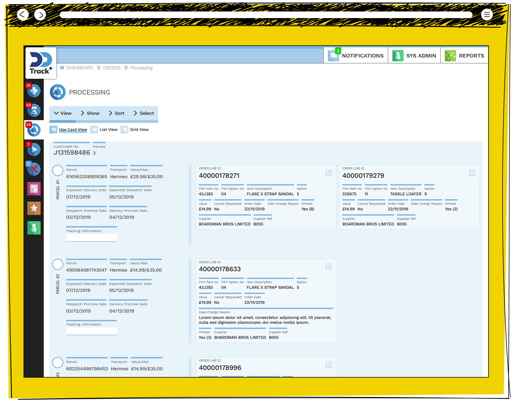 The DD Track plus processing screen in card view showing three parcels for customer J131598486 via Hermes, each with delivery and despatch dates alongside order line cards showing item descriptions including a Flare X Strap Sandal and Tassle Loafer supplied by Boardman Bros Limited