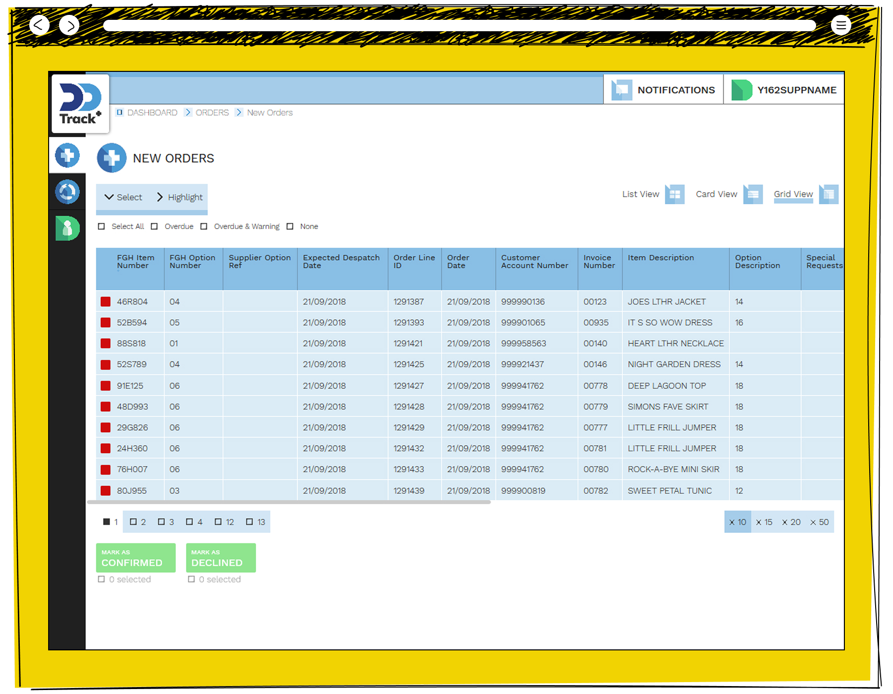 The DD Track plus new orders screen in grid view showing ten clothing items including jackets, dresses and tops with FGH item numbers, despatch dates, order line IDs and customer account numbers, with mark as confirmed or declined buttons at the bottom