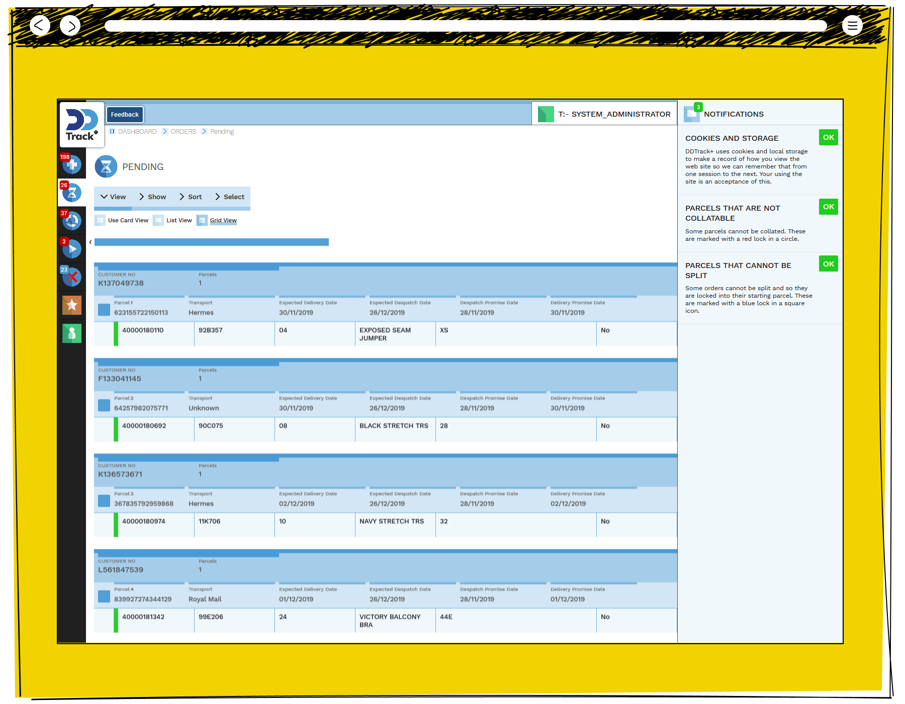 The DD Track plus pending orders screen in grid view showing four customer parcels via Hermes and Royal Mail with order line details including an Exposed Seam Jumper, Black Stretch Trousers, Navy Stretch Trousers and Victory Balcony Bra, with a notifications panel explaining cookie storage and parcel collation rules