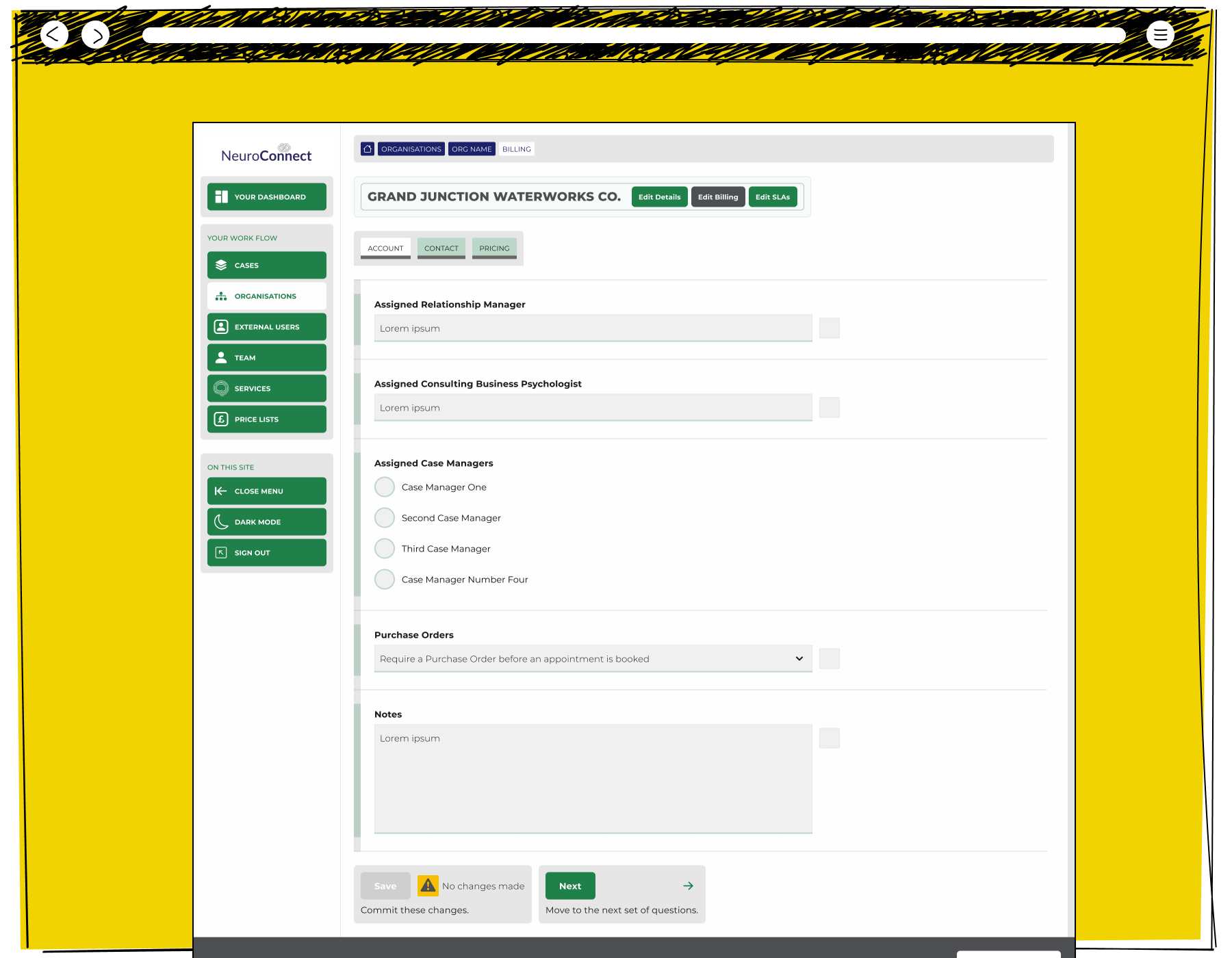 The NeuroConnect organisation account screen for Grand Junction Waterworks Co showing fields for assigned relationship manager, consulting business psychologist, case managers, purchase order requirements and notes, with save and next action buttons