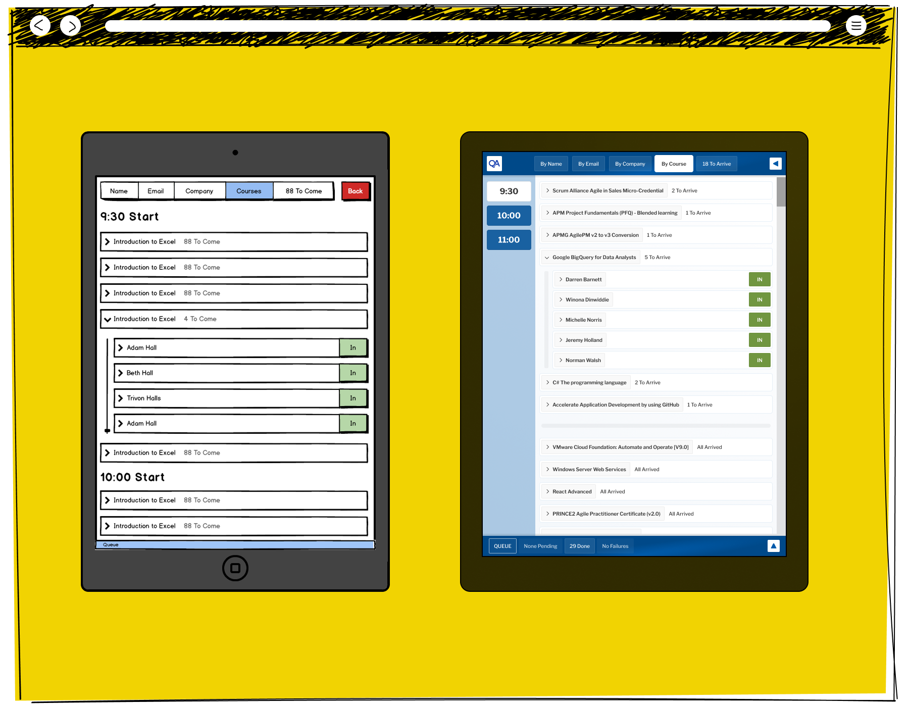 Two tablet screens showing the QA check-in system organised by courses, with the left tablet listing multiple Introduction to Excel sessions grouped by start time and the right showing a by-course view with the Google BigQuery for Data Analysts session expanded showing five attendees marked as in