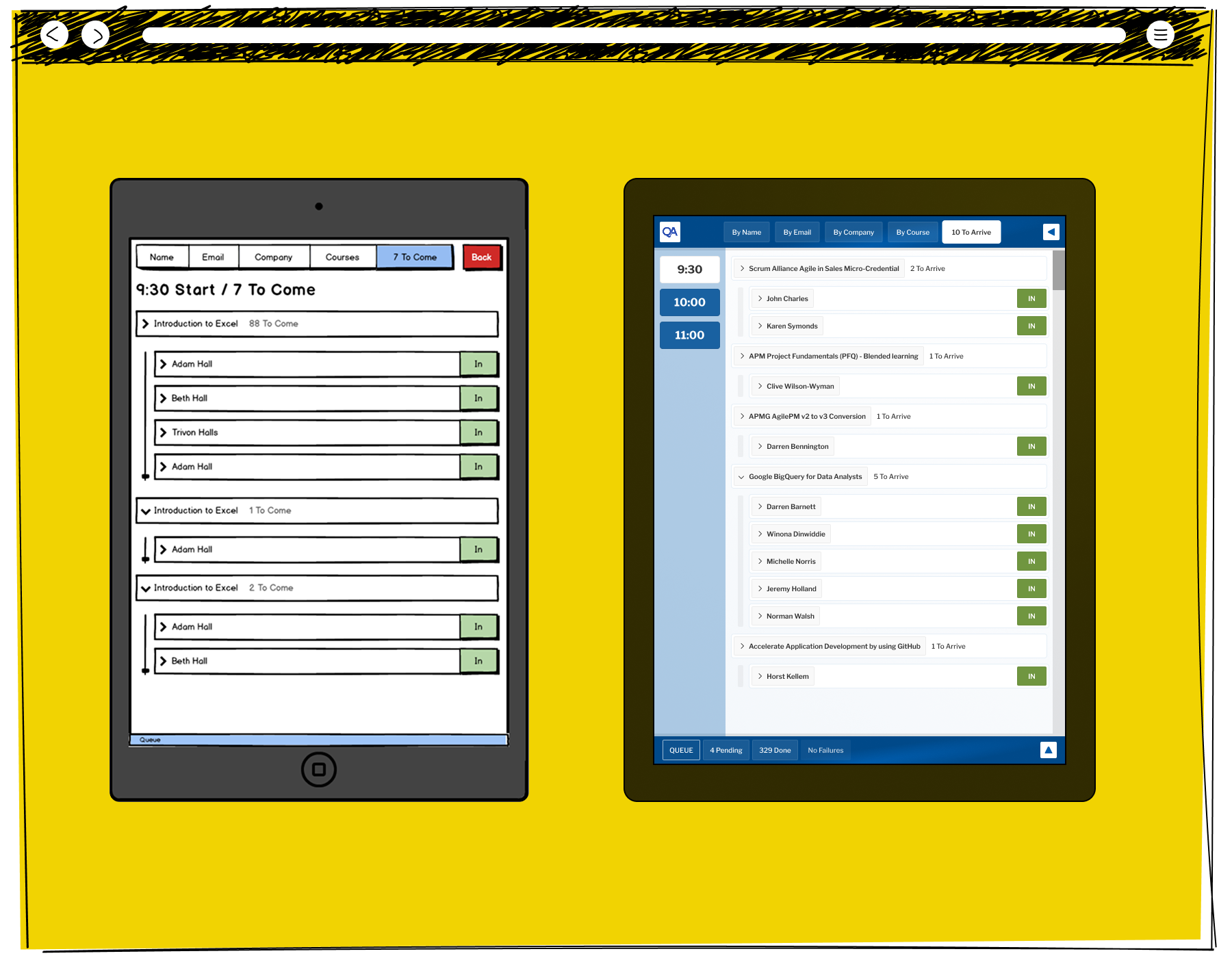 Two tablet screens showing the QA check-in system, with the left tablet displaying attendees grouped by course start time and the right showing a by-course view with individual attendees marked as in across multiple courses including Google BigQuery for Data Analysts