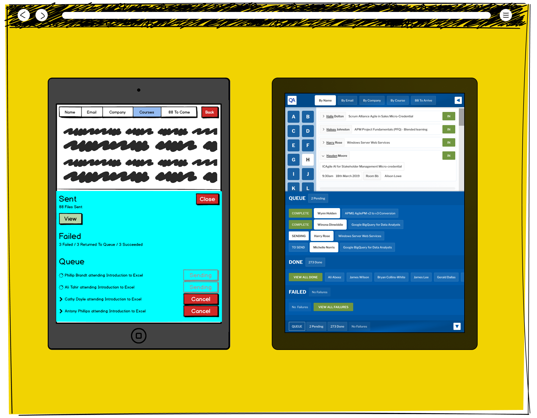 Two tablet screens showing the QA check-in system email sending status, with the left tablet displaying sent, failed and queued messages and the right showing a by-name alphabetical list with an expanded attendee detail panel and a queue section showing complete, sending and to-send statuses
