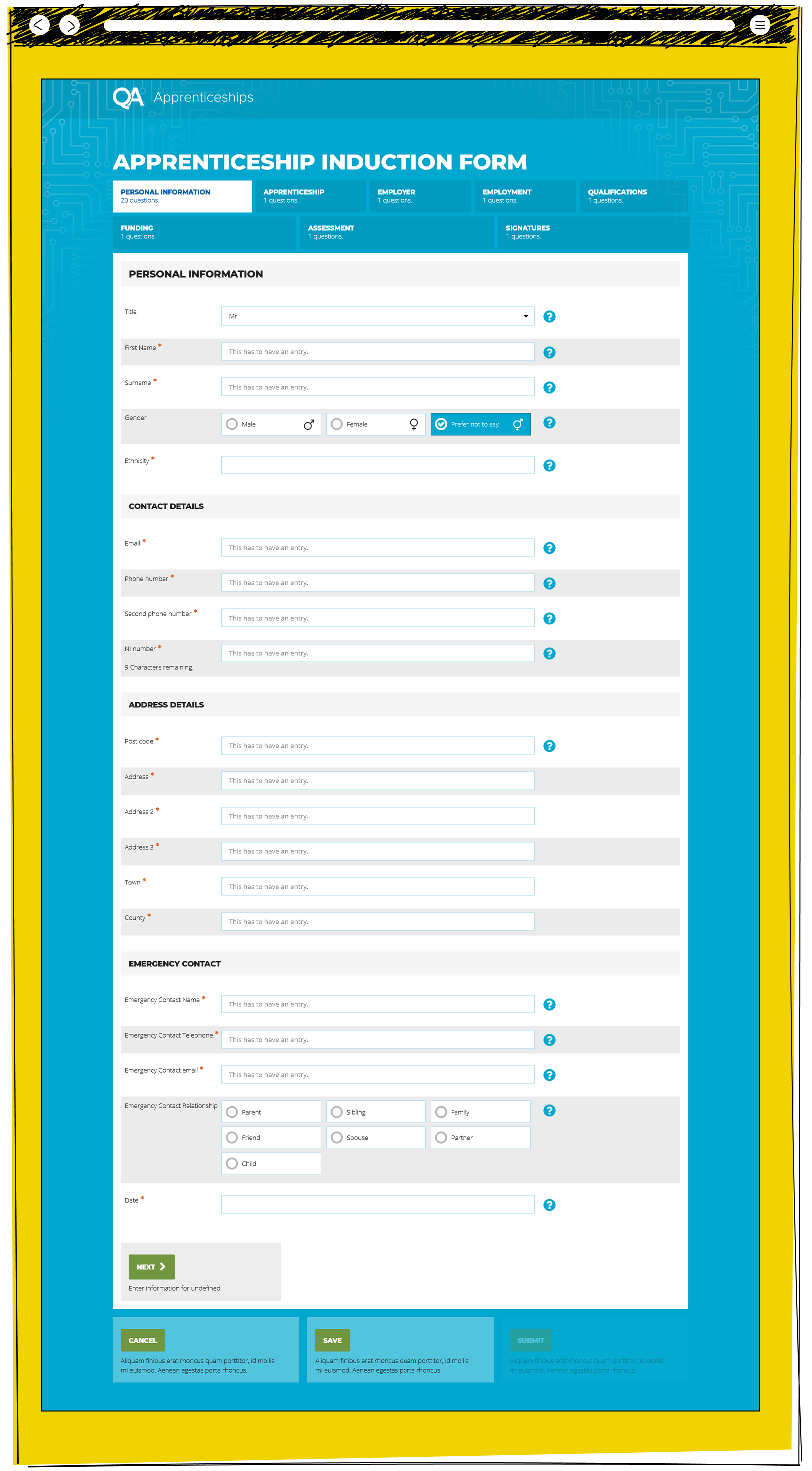 The QA Apprenticeships induction form showing the personal information section with fields for title, name, gender, ethnicity, contact details, address and emergency contact, with a multi-section progress bar across the top