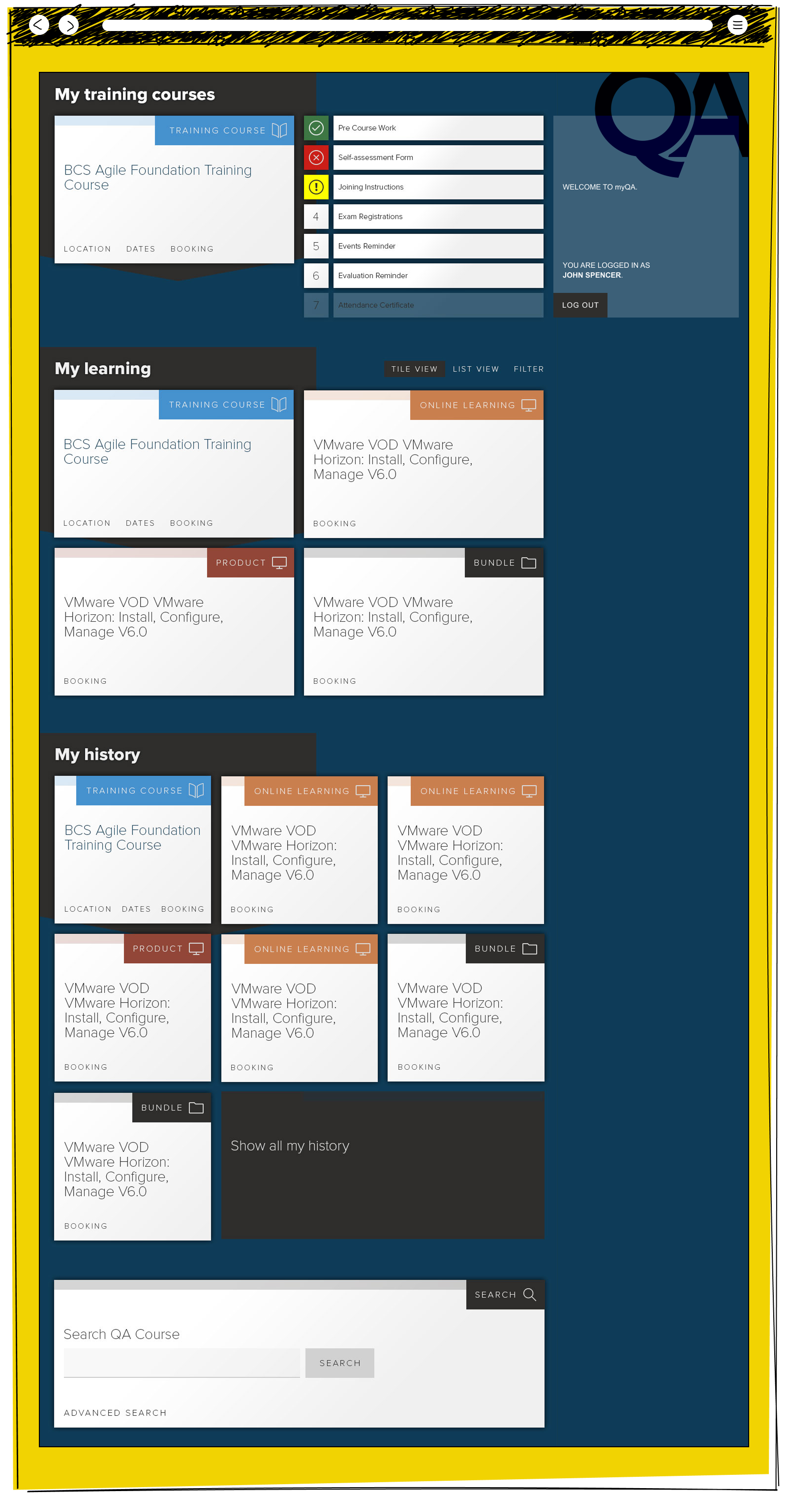 The myQA learning portal dashboard showing a training course checklist panel, a my learning section with course tiles in different formats including training, online and bundle, a my history section, and a course search box