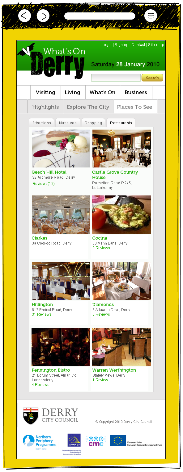 The What's On Derry website showing a restaurants listing page with a two column grid of venue photos and names including Beech Hill Hotel, Castle Grove Country House, Clarkes, Cocina, Hillington, Diamonds, Pennington Bistro and Warren Werthingtonxxx