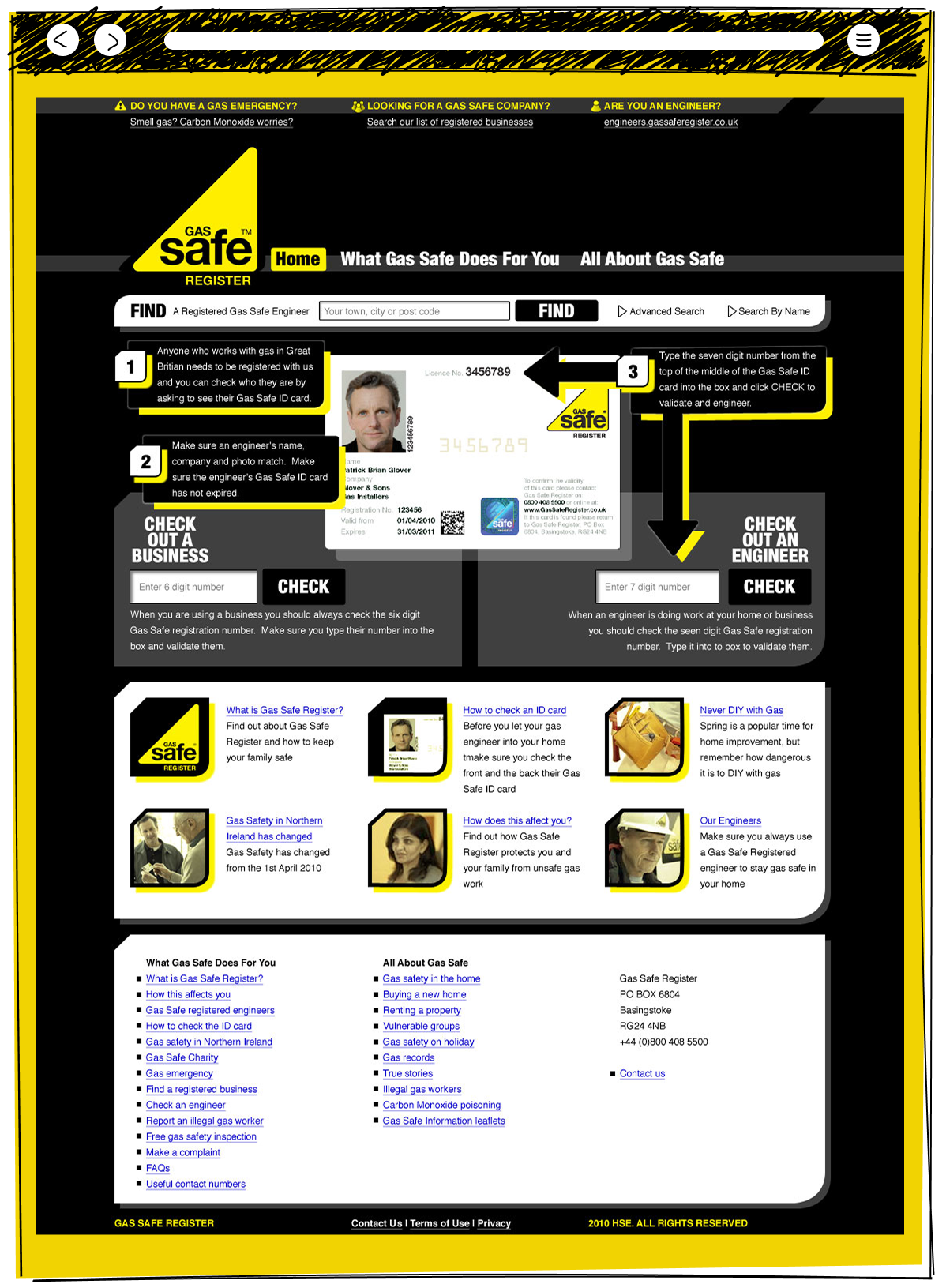 The Gas Safe Register homepage with a find a registered engineer search tool, a three step illustrated guide to checking a Gas Safe ID card, business and engineer number verification boxes, and a grid of safety information articlesxxx