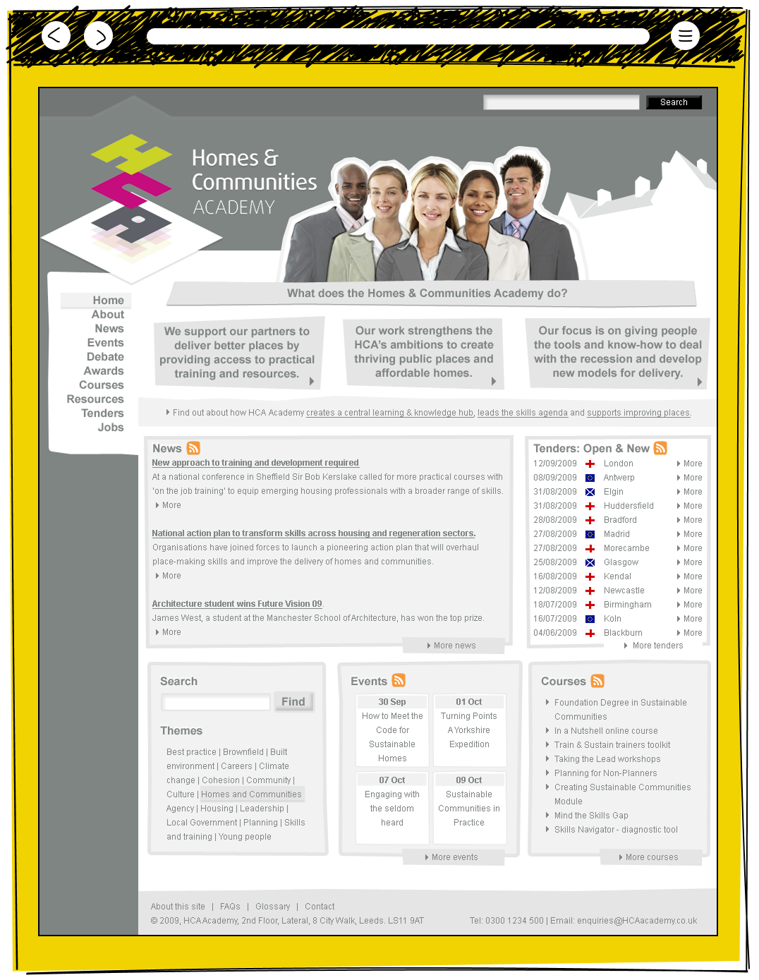 The Homes and Communities Academy website homepage with three mission statement panels, a news section with housing and skills articles, a tenders listing with UK and European locations, and panels for events, courses and themed search