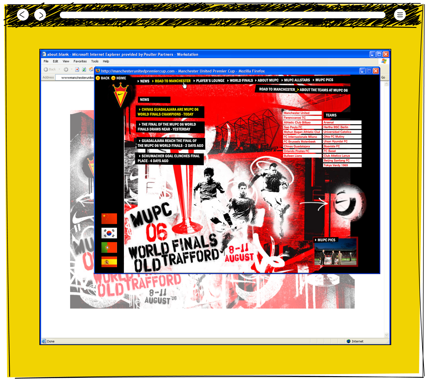 The Manchester United Premier Cup 2006 website showing a dramatic red and black graphic design with news of Chivas Guadalajara winning the World Finals at Old Trafford, alongside a list of competing international teams