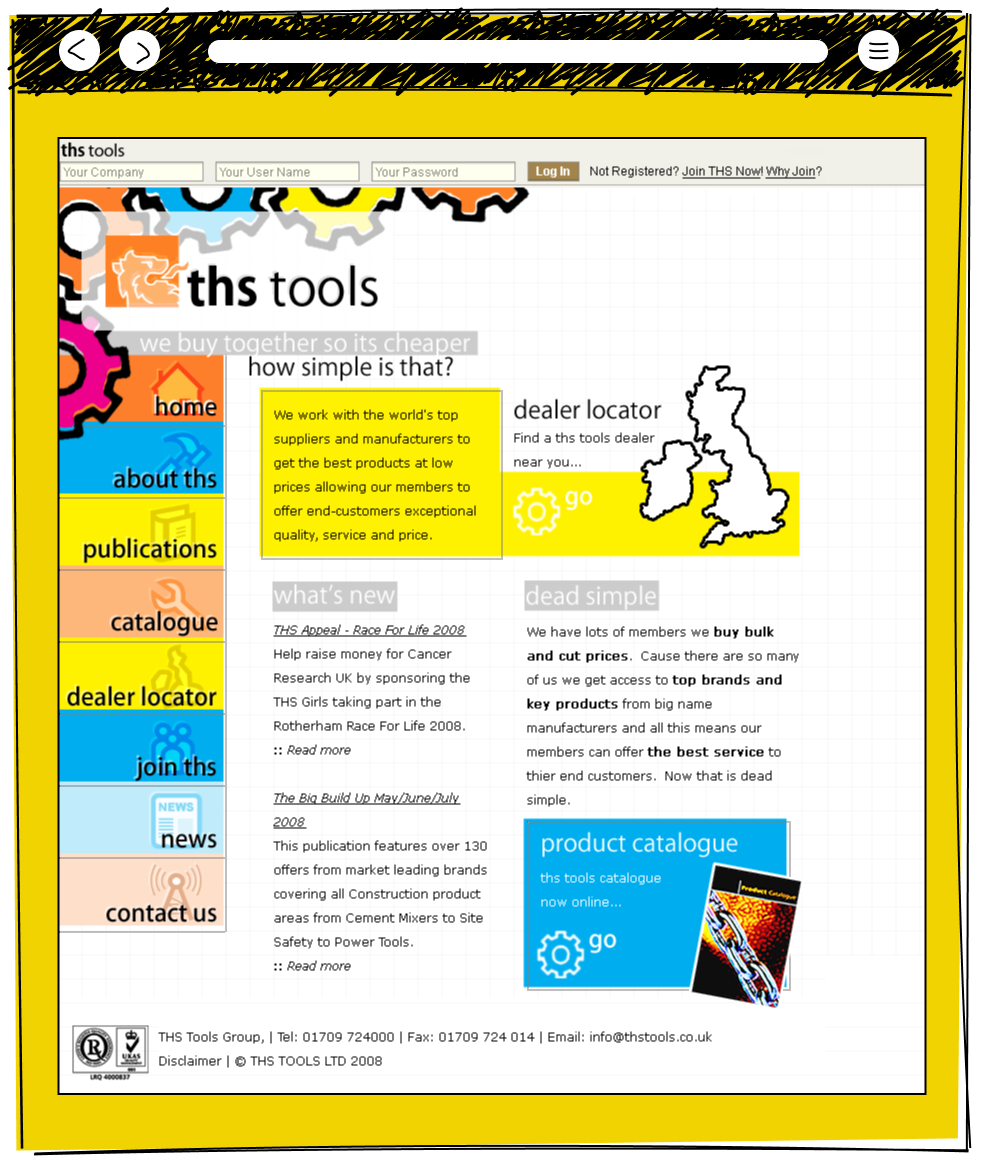 The THS Tools homepage for a trade buying group with a dealer locator map of the UK, a what's new news section, a dead simple bulk buying benefits explanation, and a link to the online product catalogue