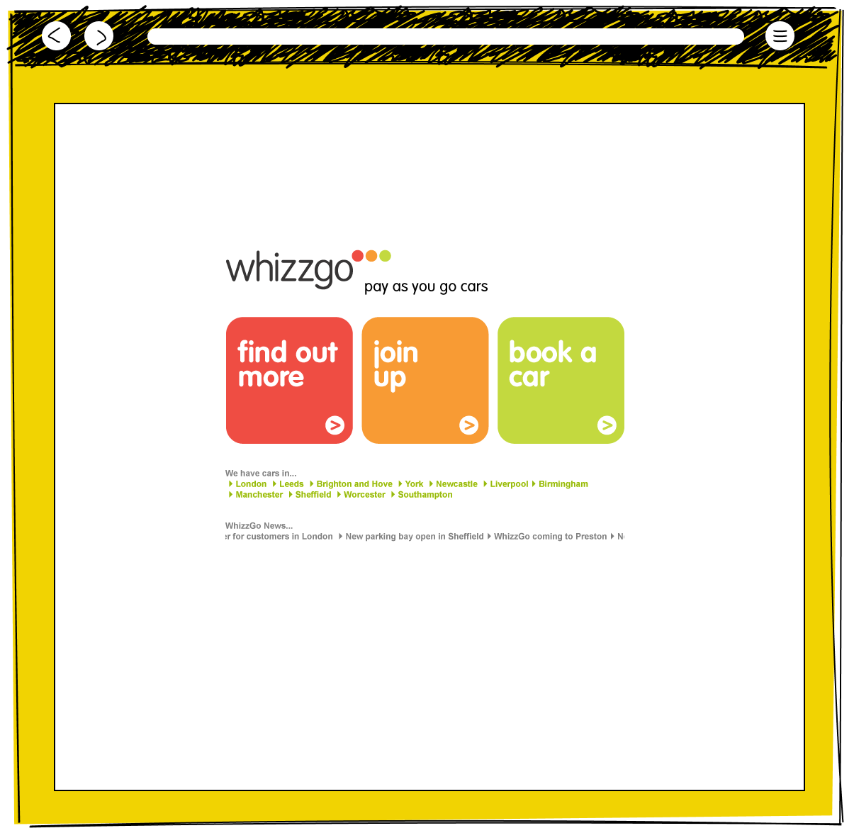 The Whizzgo pay as you go cars homepage with three large coloured call to action buttons for find out more, join up and book a car, a list of cities where cars are available, and a news ticker